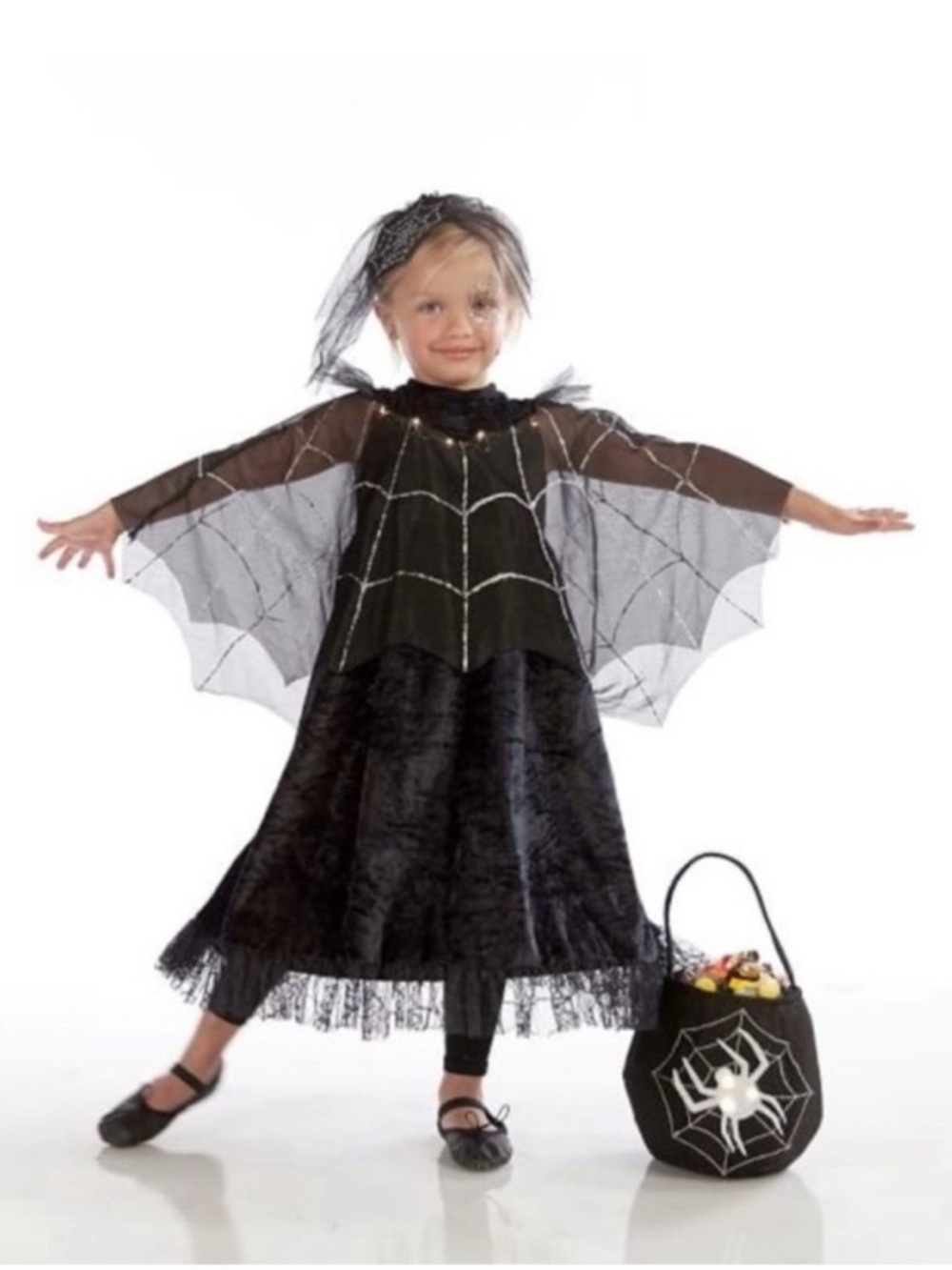 Pottery Barn Girls Black Spider Queen Costume Halloween Silver Web 2 Piece NWT